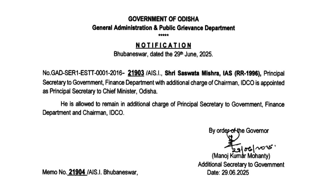 ଶାଶ୍ଵତ ମିଶ୍ର ମୁଖ୍ୟମନ୍ତ୍ରୀଙ୍କ ପ୍ରମୁଖ ସଚିବ ନିଯୁକ୍ତ
